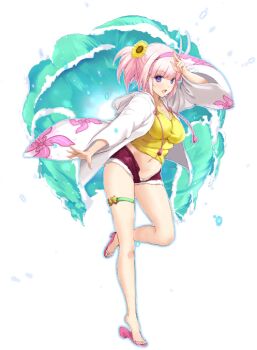 1girl blush breasts choukou_(alicesoft) choukou_taisen_escalation_heroines cutoffs flip-flops flower full_body hair_flower hair_ornament hairband hood hoodie jacket large_breasts looking_at_viewer midriff navel official_art onigirikun open_clothes open_fly open_jacket open_mouth open_shorts pink_hair pink_hairband purple_eyes salute sandals shihoudou_chiruka shirt short_hair short_shorts shorts simple_background slippers smile solo standing standing_on_one_leg sunflower sunflower_hair_ornament tachi-e thigh_strap third-party_source transparent_background unzipped variant_set waves wide_sleeves yellow_flower yellow_shirt
