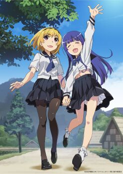 2girls belly black_pantyhose blonde_hair blue_bow blue_bowtie blue_hair blue_neckerchief blue_sailor_collar blue_skirt blue_sky bow bowtie closed_eyes dirt_road fang frilled_socks frills furude_rika grey_eyes highres higurashi_no_naku_koro_ni higurashi_no_naku_koro_ni_gou holding_hands houjou_satoko house loafers midriff_peek multiple_girls neckerchief official_art open_mouth pantyhose petticoat pleated_skirt road sailor_collar school_uniform serafuku shoes skin_fang skirt sky socks thighhighs tree walking watanabe_akio waving white_socks