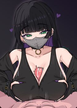1boy 1girl absurdres bare_shoulders black_hair bocchi_the_rock! breasts clothed_female_nude_male clothed_sex collarbone colored_inner_hair commentary coubalty dark_background english_commentary fingernails grabbing_own_breast green_eyes heart highres huge_breasts long_fingernails looking_at_viewer mask mouth_mask multicolored_hair nail_polish nude pa-san paizuri pov precum purple_hair purple_nails