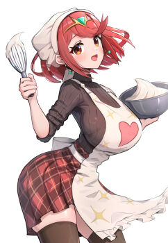 Rule 34 | 1girl, apron, black sweater, black thighhighs, blush, bob cut, bowl, breasts, chest jewel, commentary request, core crystal (xenoblade), earrings, gem, gonzarez, headpiece, headscarf, heart, heart print, highres, holding, holding bowl, holding whisk, jewelry, large breasts, looking at viewer, mixing bowl, open mouth, pyra (xenoblade), red eyes, red hair, red skirt, ribbed sweater, short hair, simple background, skirt, smile, solo, sweater, swept bangs, thighhighs, tiara, whisk, white apron, white background, white headscarf, xenoblade chronicles (series), xenoblade chronicles 2, zettai ryouiki