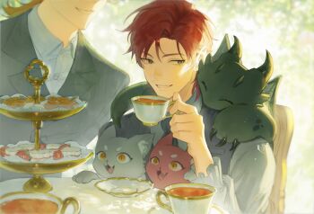 2boys blonde_hair brown_eyes cake cale_henituse cat chair collared_shirt commentary creature cup dragon food frills grey_shirt grey_vest hans_(lout_of_count's_family) head_out_of_frame highres holding holding_cup hong_(lout_of_count's_family) jacket long_sleeves looking_at_another lout_of_count's_family male_focus monchya_33 multiple_boys necktie ohn_(lout_of_count's_family) open_mouth raon_miru red_hair saucer shirt short_hair sitting smile sunlight symbol-only_commentary table tea teacup tiered_tray upper_body vest white_shirt yellow_eyes