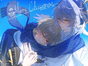 2boys bbtskazedaaaaa blue_background blue_hair blue_scarf caelus_(honkai:_star_rail) commentary earrings gold_halo gold_trim grey_hair halo halo_behind_head head_wings highres honkai:_star_rail honkai_(series) jewelry merry_christmas multiple_boys ring scarf sunday_(honkai:_star_rail) symbol-only_commentary trailblazer_(honkai:_star_rail) watermark wings yellow_eyes