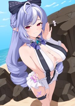 1girl absurdres ahoge beach blue_sky bow bow_hairband bowtie braid breasts cleavage cleavage_cutout clothing_cutout commentary_request dress_swimsuit drill_hair frilled_one-piece_swimsuit frilled_wrist_cuffs frills hair_intakes hairband half_up_braid hand_up heart_cutout highres long_hair looking_at_viewer mole mole_under_eye navel ocean one-piece_swimsuit outdoors pointy_ears purple_bow purple_bowtie purple_hair red_eyes rock see-through_cleavage see-through_clothes sideboob sky smile solo standing stomach_cutout swimsuit thighs tsubame_tien two-tone_one-piece_swimsuit vivian_banshee vivian_banshee_(iris_of_the_shore) white_hair white_one-piece_swimsuit white_streaks wrist_cuffs zenless_zone_zero