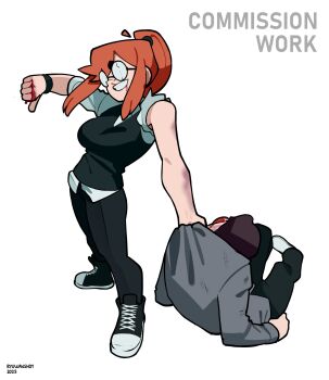 absurdres after_fight bloody_knuckles broken_glasses bruise bruise_on_arm commission grin highres ryu_(ryuwanshoy) shirt siri_jay smile tagme torn_clothes torn_shirt unconscious vest