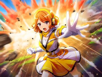 1girl clenched_hand ebisu_tsukasa explosion game_cg gloves headphones jacket looking_at_viewer motion_blur official_art open_mouth orange_hair purple_eyes rock scarf short_hair shoujo_kageki_revue_starlight shoujo_kageki_revue_starlight_-re_live- skirt solo tokusatsu upper_body v-shaped_eyebrows wavy_hair white_gloves yellow_jacket yellow_scarf yellow_skirt