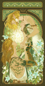 1boy 1girl absurdres armlet art_nouveau bare_shoulders blue_flower body_markings bracelet breasts circlet commentary_request couple dress earrings elf flower from_side hand_on_own_chest hetero highres holding_hands jewelry link long_dress looking_at_another magatama magatama_necklace medium_breasts medium_hair necklace nintendo pointy_ears princess_zelda short_hair sidelocks silent_princess strapless strapless_dress the_legend_of_zelda the_legend_of_zelda:_tears_of_the_kingdom toaot triforce tunic white_tunic