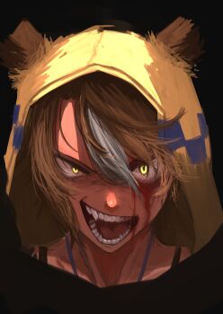 1girl absurdres animal_ears blood blood_on_face brown_hair dicta_striker_(umamusume) ears_through_headwear ears_through_hood fangs grin hair_between_eyes hasewo highres hood hood_up hooded_jacket hoodie horse_ears horse_girl jacket multicolored_hair open_mouth portrait sharp_teeth short_hair smile streaked_hair teeth umamusume umamusume:_cinderella_gray white_hair yellow_eyes yellow_hood yellow_hoodie yellow_jacket