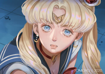 1girl artist_name bishoujo_senshi_sailor_moon bishoujo_senshi_sailor_moon_s blonde_hair blue_eyes blue_sailor_collar breasts choker circlet cleavage commentary_request crescent crescent_earrings deng_deng derivative_work earrings hair_bun hair_over_shoulder heart heart_choker highres jewelry long_hair magical_girl meme parted_bangs parted_lips red_choker sailor_collar sailor_moon sailor_moon_redraw_challenge_(meme) sailor_senshi_uniform screenshot_redraw solo tile_floor tiles tsukino_usagi twintails upper_body