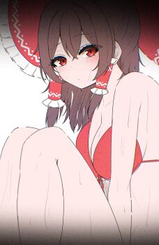 1girl bare_shoulders bikini bow commentary_request film_grain hair_bow hakurei_reimu highres kiui_(dagk8254) legs looking_at_viewer red_bikini red_eyes simple_background solo swimsuit touhou vignetting white_background