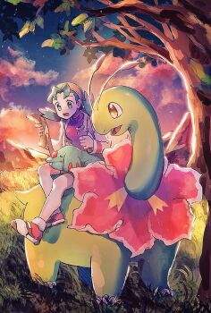 1girl bad_id bad_pixiv_id bike_shorts black_shorts blue_eyes blue_hair cloud gen_2_pokemon hanenbo hat holding holding_map kris_(pokemon) long_hair map meganium nintendo on_lap outdoors phanpy pokemon pokemon_(creature) pokemon_gsc pokemon_on_lap potion_(pokemon) red_sweater short_shorts shorts sitting sky star_(sky) starry_sky sweater tree wavy_mouth yellow_eyes yellow_headwear