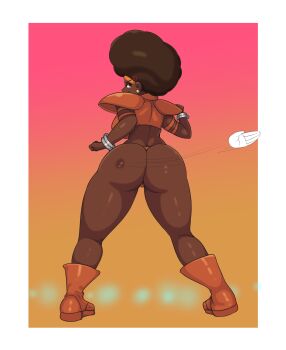 1girl afro anger_vein armlet armor ass ass_smack bangle boots bracelet brown_background brown_eyes brown_hair clenched_hands crop_top dark-skinned_female dark_skin disembodied_hand earrings f-zero f-zero_gx from_behind full_body gold_earrings gradient_background hands_up highres iggybomb jewelry kate_alen legs_apart looking_at_viewer looking_back motion_lines nintendo orange_boots orange_shirt pink_background shirt shoulder_armor slap_mark sleeveless sleeveless_shirt solo spanking standing thick_thighs thighs thong very_dark_skin white_background
