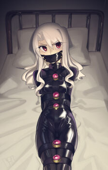 Rule 34 | 1girl, bdsm, belt, black belt, bodysuit, bondage, bondage outfit, bound, breasts, cad (caddo), chest harness, commentary request, fate/stay night, fate (series), gag, gag harness, gagged, harness, highres, illyasviel von einzbern, latex, latex bodysuit, long hair, long sidelocks, looking at viewer, lying, on back, on bed, panel gag, red eyes, restrained, sidelocks, signature, small breasts, solo, white hair