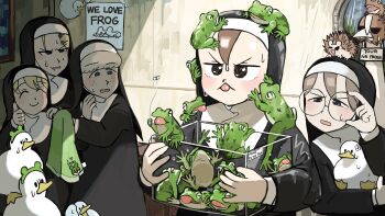 5girls @_@ ^_^ adjusting_eyewear animal animal_on_arm animal_on_head animal_on_shoulder bird bird_on_arm blonde_hair blue_eyes brown_eyes brown_hair bug chicken clinging closed_eyes clumsy_nun_(diva) commentary diva_(hyxpk) doorway duck english_commentary english_text flower fly frog frog_headband froggy_nun_(diva) glasses_nun_(diva) grey_eyes grey_hair habit hair_flower hair_ornament hairclip hand_on_another&#039;s_shoulder hedgehog highres holding holding_string holding_towel in_container insect little_nuns_(diva) mole mole_on_cheek multiple_girls nun on_head ostrich poster_(object) rain scared sheep_nun_(diva) sign sign_around_neck slice_of_life smile strict_nun_(diva) string sweatdrop terrarium thumbs_up tongue tongue_out towel traditional_nun water_drop wet wet_clothes wet_hair