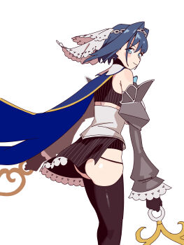 1girl absurdres ass black_gloves black_skirt black_thighhighs blue_cape blue_eyes blue_hair cape chain chain_headband closed_mouth detached_sleeves gloves grey_sleeves highres hololive hololive_english mendako_(wjkgreat) ouro_kronii ouro_kronii_(1st_costume) simple_background skirt solo striped_clothes striped_skirt thighhighs veil virtual_youtuber white_background