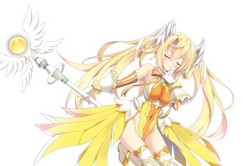 Rule 34 | 1girl, bare shoulders, blonde hair, blush, boots, breasts, chest jewel, chikubi (artist), closed eyes, covered erect nipples, covered navel, detached sleeves, elbow gloves, finger to mouth, game cg, gloves, hair between eyes, hair rings, hand to own mouth, head wings, highleg, highleg leotard, holding, holding staff, holding wand, kusarou, large breasts, large variant set, leg up, leotard, long hair, magical girl, mahou shoujo inori, mamiya seira, non-web source, official art, orb, ribbon, sideboob, solo, staff, standing, striped clothes, thigh boots, thighhighs, transparent background, twintails, variant set, very long hair, wand, white gloves, white ribbon, white thighhighs, wings, yellow leotard