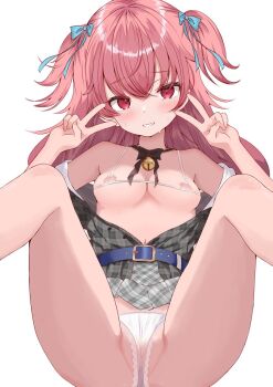 1girl ass bare_shoulders belt bikini blush bow breasts clothes_lift collarbone double_v hair_between_eyes heart highres long_hair long_sleeves looking_at_viewer micro_bikini miniskirt momoi_airi muaa_(muamua231) nipples panties pink_hair plaid_clothes plaid_skirt project_sekai red_eyes see-through_clothes shirt skirt skirt_lift small_breasts smile solo spread_legs sweat swimsuit two_side_up underwear v w white_background white_panties