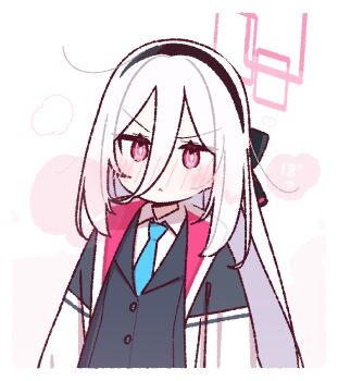 Rule 34 | 1girl, :<, black hairband, black vest, blue archive, blue necktie, border, closed mouth, collared shirt, commentary, double-parted bangs, hair between eyes, hairband, halo, jacket, kei (blue archive), kei (new body) (blue archive), long hair, long hair between eyes, loose hair strand, necktie, open clothes, open jacket, pink eyes, pink halo, rectangular halo, shirt, solo, upper body, v-shaped eyebrows, vest, white background, white border, white jacket, white shirt, yoru nai
