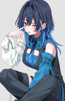 Rule 34 | 1girl, :p, absurdres, akanbe, asymmetrical sleeves, black hair, black pants, black vest, blue eyes, blue hair, blue necktie, blue shirt, blue sleeves, blue vest, breasts, cleavage cutout, clothing cutout, collared shirt, colored inner hair, commentary request, crossed ankles, detached sleeves, eyelid pull, hair intakes, highres, hololive, hololive english, large breasts, long hair, looking at viewer, military uniform, mismatched sleeves, mogu (au1127), multicolored hair, necktie, official alternate costume, official alternate hairstyle, ouro kronii, ouro kronii (4th costume), pants, shirt, sidelocks, sitting, sleeveless, sleeveless shirt, solo, tongue, tongue out, two-tone hair, two-tone vest, vest, virtual youtuber, white sleeves, wolf cut