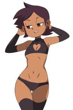 Rule 34 | 1girl, absurdres, abysswatchers, armpits, arms behind head, black bra, black panties, black sleeves, black thighhighs, bra, breasts, brown eyes, brown hair, cleavage cutout, clothing cutout, dark-skinned female, dark skin, detached sleeves, earrings, highres, jewelry, looking to the side, luz noceda, medium breasts, navel, panties, seductive smile, short hair, smile, solo, stud earrings, the owl house, thighhighs, underwear