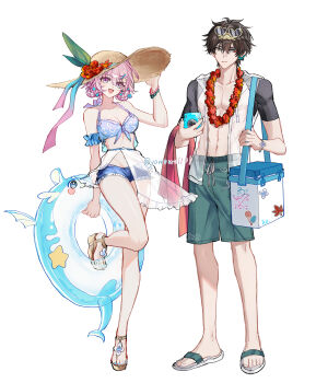 1boy 1girl absurdres adjusting_clothes adjusting_headwear alternate_costume alternate_hairstyle arm_up bare_shoulders bikini blue_bikini blue_eyes blue_nails blue_shorts bracelet breasts brown_hair bubbles_(honkai:_star_rail) camera cleavage closed_mouth commentary_request cooler cutoffs dan_heng_(honkai:_star_rail) earclip expressionless eyeliner eyewear_on_head flip-flops flower flower_necklace full_body green_eyes green_male_swimwear hair_between_eyes hair_ornament hair_up hairclip hat hat_flower heart heart-shaped_eyewear highres holding holding_camera holding_strap holding_swim_ring holding_towel honkai:_star_rail honkai_(series) innertube jewelry looking_at_viewer makeup male_swimwear march_7th_(honkai:_star_rail) medium_breasts multicolored_eyes nail_polish navel necklace open_mouth pink_eyes pink_hair platform_sandals red_eyeliner sandals sarong see-through_clothes see-through_sarong short_hair short_shorts shorts simple_background smile straw_hat sunglasses swim_ring swim_trunks swimsuit toenail_polish toenails toes towel two-tone_eyes white_background yowowo1101
