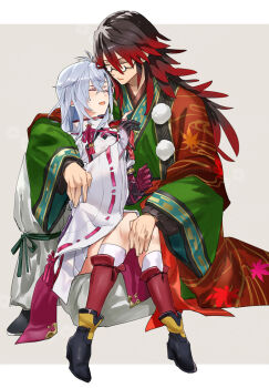 1boy 1girl black_hair commentary couple glasses gradient_hair hair_between_eyes hetero japanese_clothes kaguya_(rune_factory) karisa_(nbsdashi284) kurama_(rune_factory) long_hair multicolored_hair red_hair rune_factory rune_factory:_guardians_of_azuma wide_sleeves
