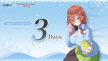 1girl black_pantyhose blue_cardigan blue_eyes blush breasts brown_hair can cardigan closed_mouth collarbone collared_shirt dot_nose english_text female_focus game_cg giving_up_the_ghost go-toubun_no_hanayome green_skirt hair_between_eyes hair_over_one_eye headphones headphones_around_neck highres holding holding_can kneeling large_breasts long_hair long_sleeves looking_at_viewer miniskirt nakano_miku official_art pantyhose pleated_skirt riichi_city school_uniform shirt shirt_under_sweater sitting skirt smile solo solo_focus translated white_shirt