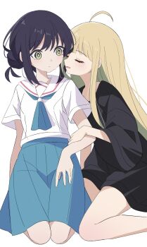 Rule 34 | 2girls, ahoge, bare legs, black shirt, blonde hair, blue skirt, blush, cho kaguya-hime!, closed eyes, closed mouth, commentary request, contact lens, green eyes, hair bun, highres, kaguya (cho kaguya-hime!), kneeling, long hair, multiple girls, parted lips, pleated skirt, purple hair, sailor collar, sakayori iroha, sasanoha (sasanoha0712), school uniform, serafuku, shirt, simple background, skirt, sweat, white background, white sailor collar, white shirt, yuri