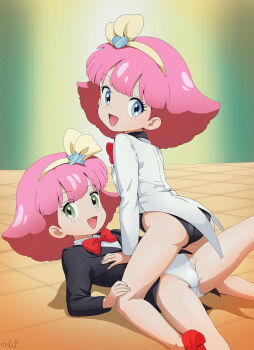 1990s_(style) 2girls absurdres blazer blue_eyes bow bowtie flat_chest flatculture green_eyes hair_ornament hand_on_another&#039;s_chest highres jacket kneeling leg_up leotard looking_at_viewer looking_back lying mahou_no_princess_minky_momo minky_momo multiple_girls on_back on_floor open_mouth pink_hair retro_artstyle siblings smile twins