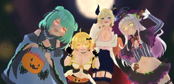 4girls absurdres blonde_hair blue_dress bow choker commentary_request detached_sleeves double_bun dress glowing glowing_eyes green_hair hair_bow hair_bun hair_ornament hair_ribbon halloween highres hololive incredibly_absurdres kuronagirai moon multiple_girls murasaki_shion murasaki_shion_(1st_costume) night red_eyes ribbon uruha_rushia uruha_rushia_(1st_costume) white_hair yellow_eyes yozora_mel yuzuki_choco