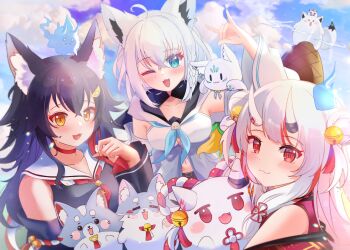 3girls :3 :d absurdres ahoge animal_ear_fluff animal_ears aqua_eyes bare_shoulders bell black_hair blue_sky braid breasts character_request cloud collarbone commentary dot_nose double_bun fox_ears fox_girl fubuzilla_(shirakami_fubuki) hair_between_eyes hair_between_horns hair_bun hair_ornament highres hololive karma_(nakiri_ayame) large_breasts long_hair looking_at_viewer midriff_peek miofa_(ookami_mio) miteiru_(shirakami_fubuki) multicolored_hair multiple_girls nakiri_ayame nakiri_ayame_(1st_costume) one_eye_closed oni ookami_mio ookami_mio_(1st_costume) open_mouth poyoyo_(nakiri_ayame) red_eyes red_hair rope shimenawa shirakami_fubuki shirakami_fubuki_(1st_costume) sky smile sukonbu_(shirakami_fubuki) symbol-only_commentary virtual_youtuber white_hair winexc wolf_ears wolf_girl yellow_eyes