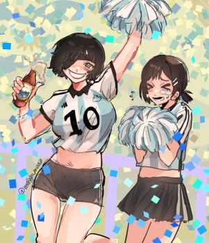 >_< 2022_fifa_world_cup 2girls argentina argentinian_flag argentinian_flag_print arm_up beer_bottle black_hair black_skirt blush breasts chainsaw_man closed_eyes confetti cropped_shirt eyepatch flag_print green_eyes higashiyama_kobeni himeno_(chainsaw_man) holding holding_pom_poms large_breasts looking_at_viewer masshumaro midriff multiple_girls pom_pom_(cheerleading) pom_poms ponytail shirt short_hair short_ponytail short_shorts shorts skirt smile striped_clothes striped_shirt teeth twitter_username vertical-striped_clothes vertical-striped_shirt world_cup
