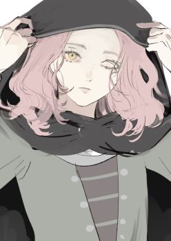 1girl brown_eyes brown_hair cloak closed_mouth elden_ring eyelashes facial_mark fromsoftware kero_1110 lips melina_(elden_ring) nose one_eye_closed pink_hair shiny_skin simple_background unfinished white_background yellow_eyes