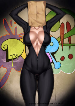 1girl armpits arms_up bag bag_over_head bodysuit breasts celty_sturluson cleavage collarbone dullahan durarara!! faceless faceless_female graffiti headless highres large_breasts legs midriff paper_bag tagme zipper