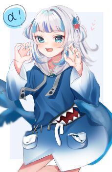 1girl a_(phrase) animal_costume blue_eyes blue_hoodie blue_streaks claw_pose commentary_request fins fish_tail gawr_gura gawr_gura_(1st_costume) grey_hair hair_ornament heart highres hololive hololive_english hood hoodie hosimiya_yume looking_at_viewer medium_hair open_mouth shark_costume shark_girl shark_hair_ornament shark_tail sharp_teeth smile solo tail teeth two_side_up upper_teeth_only virtual_youtuber
