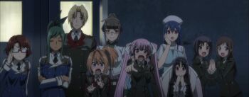 1boy 6+girls blonde_hair blue_hair blush braid braided_ponytail breasts brown_hair closed_eyes crossed_arms doctor glasses green_hair hair_bun hair_ribbon hand_on_own_face hat highres hundred_(light_novel) kirishima_sakura_(hundred) large_breasts long_hair looking_at_viewer medium_breasts multiple_girls necktie nurse_cap open_mouth orange_hair own_hands_clasped pink_hair pointing pointing_at_viewer ponytail purple_eyes purple_hair red_hair ribbon school_uniform sitting smile stitched surprised third-party_edit tongue twintails wheelchair