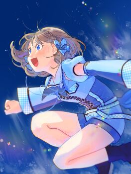 1girl :d blue_background blue_boots blue_eyes blue_shirt blue_shorts boots bow braid brown_hair commentary_request detached_sleeves full_body hair_bow highres long_sleeves love_live! love_live!_superstar!! official_alternate_costume open_mouth open_the_gate!!!_(love_live!) puffy_short_sleeves puffy_sleeves sailor_collar sayokokoshi shirt short_hair short_sleeves shorts side_braid smile solo tang_keke white_sailor_collar