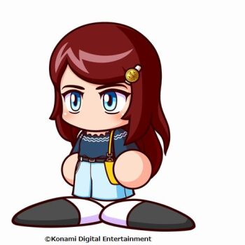 Rule 34 | 1girl, aqua skirt, artist request, bag, belt, black belt, blue eyes, blue shirt, brown hair, commentary request, copyright notice, hair ornament, jikkyou powerful pro yakyuu, jikkyou powerful pro yakyuu (style), long hair, lowres, no mouth, official art, power pro appli, rayman limbs, shirt, shoulder bag, skirt, solo, tatehashi minato, white background, yellow bag