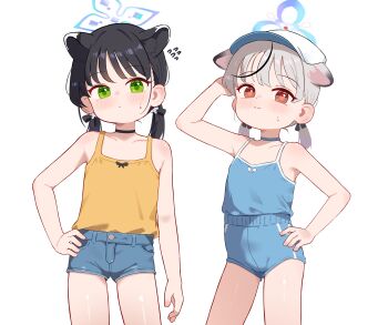 2girls aged_down alternate_costume alternate_hair_length_(shorter) alternate_hairstyle animal_ear_fluff animal_ears arm_up black_choker black_hair black_streaks blue_archive blue_buruma blue_camisole blue_choker blue_halo blue_shorts blush breasts buruma cameltoe camisole choker denim denim_shorts extra_ears flat_chest flying_sweatdrops green_eyes grey_hair halo hand_on_own_head hand_on_own_hip highres kokona_(blue_archive) looking_at_viewer multicolored_hair multiple_girls narrow_hips short_hair short_twintails shorts shun_(blue_archive) shun_(small)_(blue_archive) simple_background small_breasts small_sweatdrop sseopik streaked_hair tank_top tiger_ears tiger_girl twintails white_background yellow_tank_top