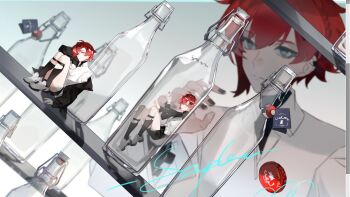 black_jacket black_nails black_shorts bottle collared_shirt hair_between_eyes jacket knees_up liulianjingrua mini_person off_shoulder original red_hair shirt shoes short_hair shorts sitting socks white_shirt