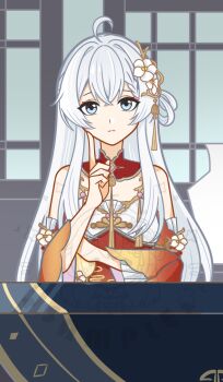 1girl ahoge bare_shoulders blue_eyes china_dress chinese_clothes closed_mouth detached_sleeves dress flower genius_invokation_tcg grey_eyes hair_between_eyes hair_flower hair_ornament hair_rings highres index_finger_raised long_hair looking_at_viewer original red_dress single_hair_ring solo vision_(genshin_impact) watermark white_hair