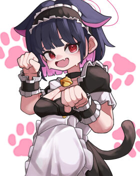 1girl absurdres alternate_costume animal_ears apron bell black_choker black_dress black_hair blue_archive blunt_bangs breasts cat_ears cat_girl cat_tail choker cleavage colored_inner_hair deformed dress enmaided fang frilled_wrist_cuffs frills halo heart heart_in_eye highres jingle_bell kazusa_(blue_archive) kokee12 large_breasts looking_at_viewer maid maid_apron maid_headdress multicolored_hair neck_bell open_mouth paw_pose paw_print paw_print_background pink_hair pink_halo puffy_short_sleeves puffy_sleeves red_eyes short_hair short_sleeves skin_fang smile solo sweat symbol_in_eye tail two-tone_hair upper_body waist_apron white_apron white_background wrist_cuffs