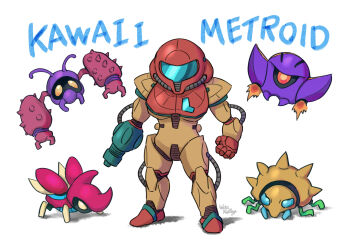 Rule 34 | 1girl, alien, arm cannon, armor, artist name, assault visor, blue visor, chibi, commentary request, dessgeega, full armor, helmet, holtz, metroid, metroid (classic), nintendo, normal suit (metroid), power armor, power suit (metroid), samus aran, science fiction, signature, simple background, wakaba (wata ridley), weapon, white background, zeb (metroid), zoomer (metroid)