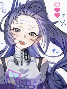 1girl 404 clothing_cutout error_message forehead grey_eyes grey_hair heart highres honkai:_star_rail honkai_(series) http_status_code looking_at_viewer nnyyy71 official_alternate_costume pixel_heart shoulder_cutout silver_wolf_(honkai:_star_rail) simple_background solo teeth upper_body upper_teeth_only white_background