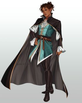 Rule 34 | 1boy, aqua vest, belt, black eyes, boots, bracer, brown belt, brown boots, brown cape, brown hair, brown sash, cape, closed mouth, commentary, cross-laced clothes, curly hair, dark-skinned male, dark skin, ear chain, ear piercing, earrings, elf, english commentary, fantasy, frilled shirt, frills, full body, gold earrings, gold piercing, gold ring, gold trim, gradient background, grey background, hair bun, hair slicked back, hand on own hip, high belt, high heel boots, high heels, highres, jewelry, linked piercing, long belt, long sleeves, looking at viewer, male focus, multiple rings, nose, original, ornate clothes, ornate ring, piercing, poet shirt, pointy ears, popped collar, print vest, puffy long sleeves, puffy sleeves, ring, satin, shirt, single hair bun, solo, standing, teardrop earrings, thigh boots, toggles, twitter username, two-sided cape, two-sided fabric, two-tone background, uneventide, untucked shirt, v-neck, vest, wallet chain, white background