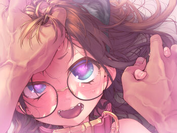 1boy 1girl animal_ears blue_eyes blush brown_hair cat_ears close-up collar commentary_request fang glasses grabbing_another&#039;s_hair heart heart-shaped_pupils holding_another&#039;s_hair holding_hands interlocked_fingers looking_at_viewer medium_hair midori_no_ruupe open_mouth original pov round_eyewear size_difference smile solo_focus sweat symbol-shaped_pupils teeth veins veiny_arms