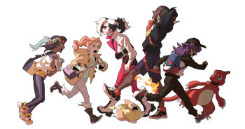 2girls 3boys absurdres aged_down arms_behind_head bag belt black_hair black_hoodie boots brown_coat buttons charmeleon chewtle closed_eyes coat commentary_request cropped_jacket dark-skinned_female dark-skinned_male dark_skin denim fire flame-tipped_tail from_side gen_1_pokemon gen_8_pokemon green_eyes green_shirt highres holding holding_pokemon hood hoodie jacket jeans korean_commentary leggings leon_(pokemon) long_hair multicolored_hair multiple_boys multiple_girls nessa_(pokemon) nintendo open_mouth orange_hair pants piers_(pokemon) pokemon pokemon_(anime) pokemon_(creature) pokemon_journeys pokemon_swsh pokemon_swsh043 raihan_(pokemon) redlhzz ribbed_shirt shirt shoes short_hair shorts shoulder_bag side_slit side_slit_shorts simple_background sneakers sonia_(pokemon) standing tail teeth two-tone_hair undercut walking white_background white_hair white_jacket yamper