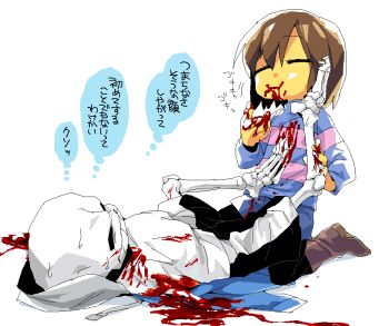 2others black_leggings blood blood_in_mouth blood_on_clothes blood_on_face blood_on_ground blood_on_hands blood_splatter blue_hoodie blue_shorts blue_sweater boots brown_boots brown_hair cannibalism closed_eyes colored_skin colored_speech_bubble commentary_request exposed_bone facing_another frisk_(undertale) guro hand_on_another's_leg hood hoodie injury kneeling knees_up leggings looking_at_another looking_up lying multiple_others murder on_back open_clothes open_hoodie sans_(undertale) shirt shorts skeleton speech_bubble striped_clothes striped_sweater suno_(imydream) sweater thought_bubble torn_clothes torn_hoodie translated undertale utdr_(toby_fox) white_background white_shirt yellow_skin