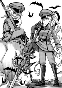 2girls alternate_costume belt boots bright_pupils buttons clenched_teeth commentary_request crossover double-breasted fang full_body greyscale grin hair_between_eyes hal_(goshujinomocha) hat highres long_hair looking_at_viewer military_uniform monochrome multiple_girls overlord_(maruyama) peaked_cap shalltear_bloodfallen simple_background sitting smile standing tanya_degurechaff teeth v-shaped_eyebrows weapon white_background white_pupils youjo_senki