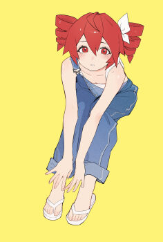 1girl absurdres bare_shoulders bow breasts cleavage collarbone commentary_request dot_nose double-parted_bangs drill_hair freckles full_body hair_between_eyes hair_bow highres kasane_teto light_blush looking_at_viewer overalls red_eyes red_hair sandals shirt sidelocks solo toes twin_drills utau white_bow white_sandals white_shirt yellow_background yunibobo
