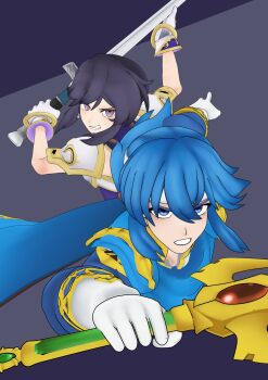 Rule 34 | 1boy, 1girl, absurdres, armor, attack, black hair, blender (medium), blue cape, blue hair, blue tunic, breastplate, cape, commission, commissioner upload, fire emblem, fire emblem: genealogy of the holy war, gloves, headband, highres, holding, holding sword, holding weapon, larcei (fire emblem), long hair, nintendo, ponytail, purple tunic, seliph (fire emblem), serious, shoulder armor, sidelocks, simple background, sleeveless, sword, theheat, tomboy, tunic, weapon, white headband